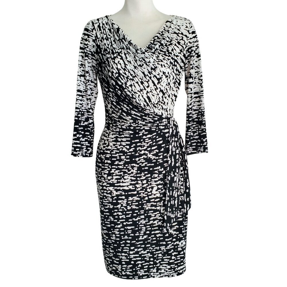 Lauren Ralph Lauren Faux Wrap Dress Black & White Abstract Print 3/4 Sleeve 4 - Picture 2 of 16